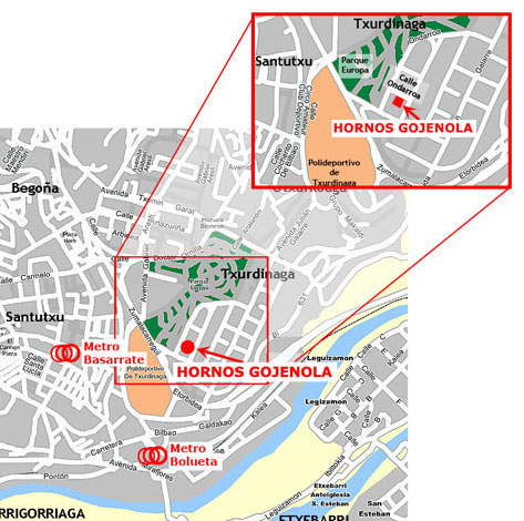 Mapa de accesos a Hornos Gojenola, desde las paradas del Metro en Basarrate y Bolueta, en direccion al parque Europa, detrs del Polideportivo de Txurdinaga, accesos por la carretera de Galdakano y por la Avenida Zumalakarregui direccin Txurdinaga